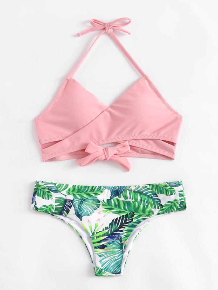 Shein Palm Print Wrap Self Tie Bikini Set