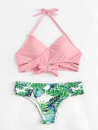 Shein Palm Print Wrap Self Tie Bikini Set