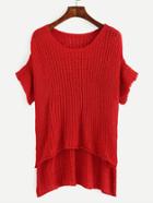 Shein Red Short Sleeve High Low Knitted Top