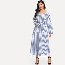 Shein Striped Pocket Front Tie Waist Dress