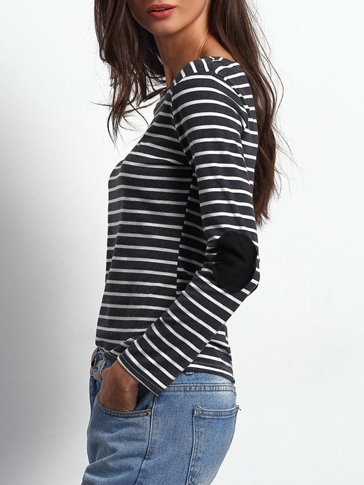 Shein Grey Striped Elbow Patch T-shirt