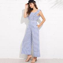 Shein Ruffle Trim Wide Leg Striped Jumpsuit