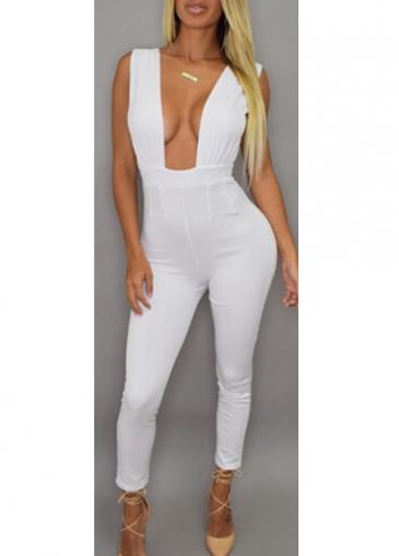 Rosewe Sleeveless Open Back White Sheath Jumpsuit