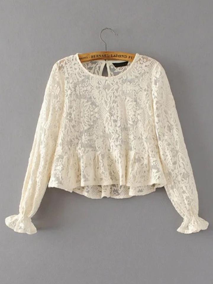 Shein Shirred Cuff Keyhole Back Lace Top