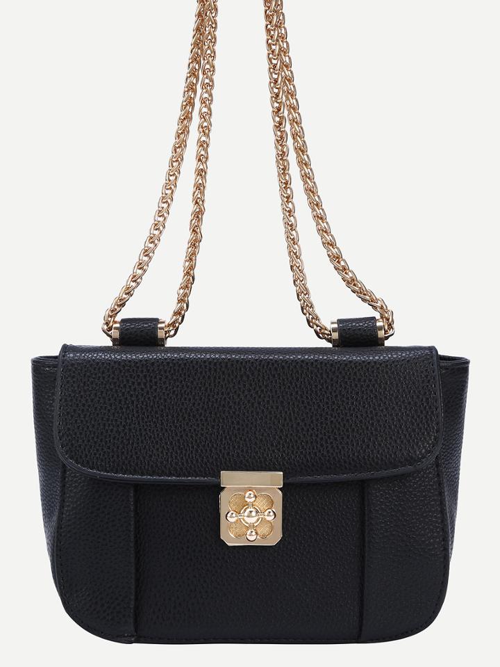Shein Embossed Turnlock Flap Bag With Chain - Black