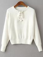 Shein White Eyelet Lace Up Drop Shoulder Sweater