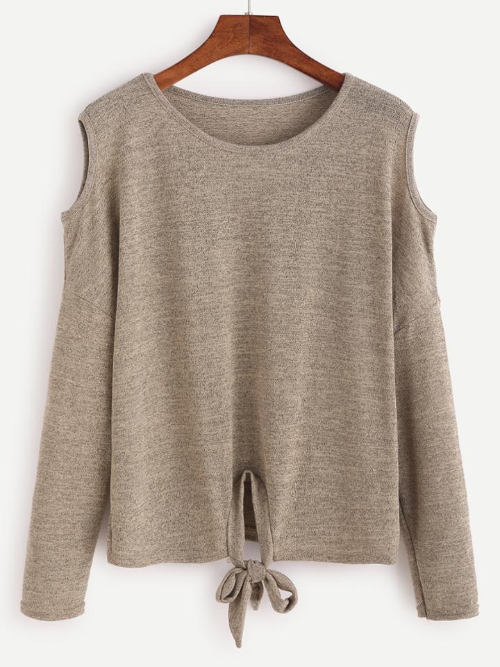 Shein Khaki Open Shoulder Tie Front Knit T-shirt