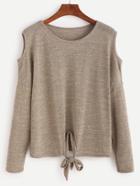 Shein Khaki Open Shoulder Tie Front Knit T-shirt
