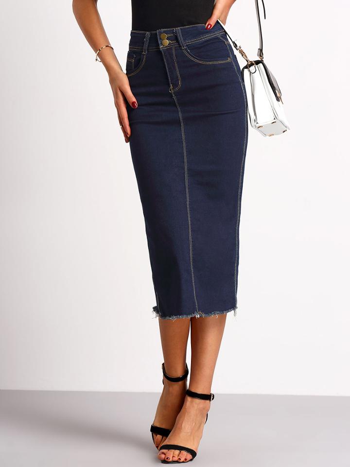 Shein High Split Back Frayed Hem Denim Skirt