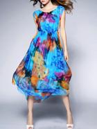 Shein Blue Round Neck Sleeveless Print Maxi Dress