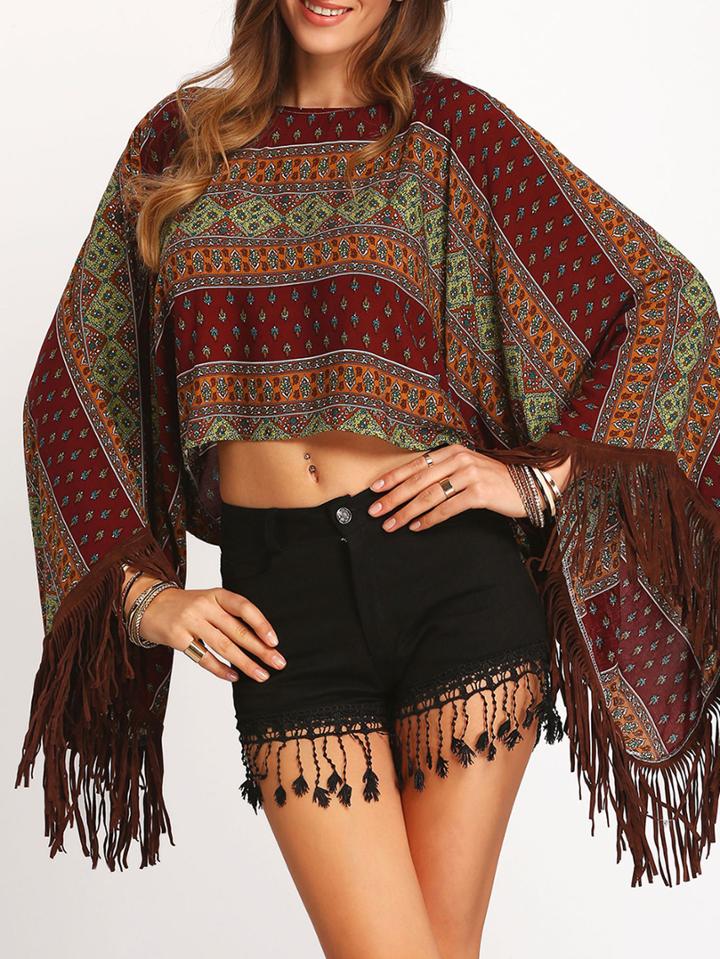 Shein Multicolor Crew Neck Tribal Print Tassel Blouse