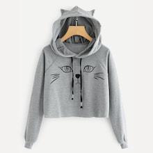 Shein Cat Print Hooded Sweatshirt