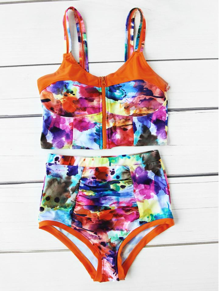 Shein Watercolor Print Zipper Up High Waist Tankini Set