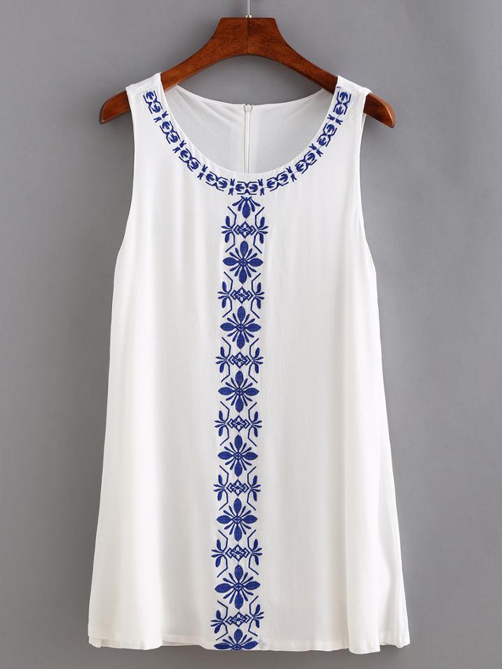 Shein White Embroidery Swing Tank Dress