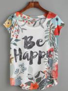 Shein White Floral Letters Print T-shirt