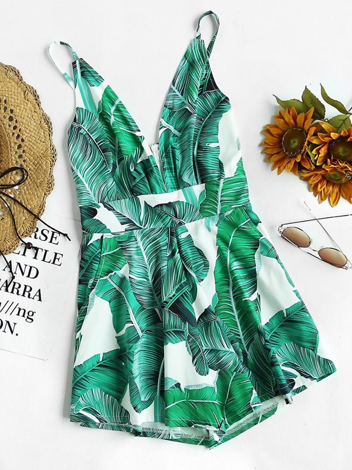 Shein Palm Leaf Print Plunging Zipper Back Cami Romper