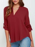 Shein Burgundy  V Neck Dip Hem Blouse