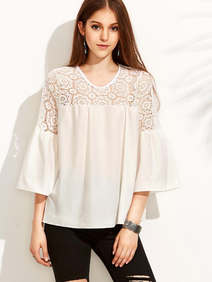 Shein White Bell Sleeve Crochet Insert Top