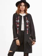 Shein Black Collarless Open Front Embroidered Coat