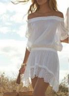 Rosewe Boat Neck Lace Splicing White Asymmetric Dress