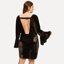 Shein Plus Flounce Sleeve V-cut Back Velvet Dress