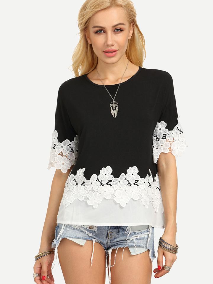 Shein Contrast Lace & Chiffon Trimmed T-shirt