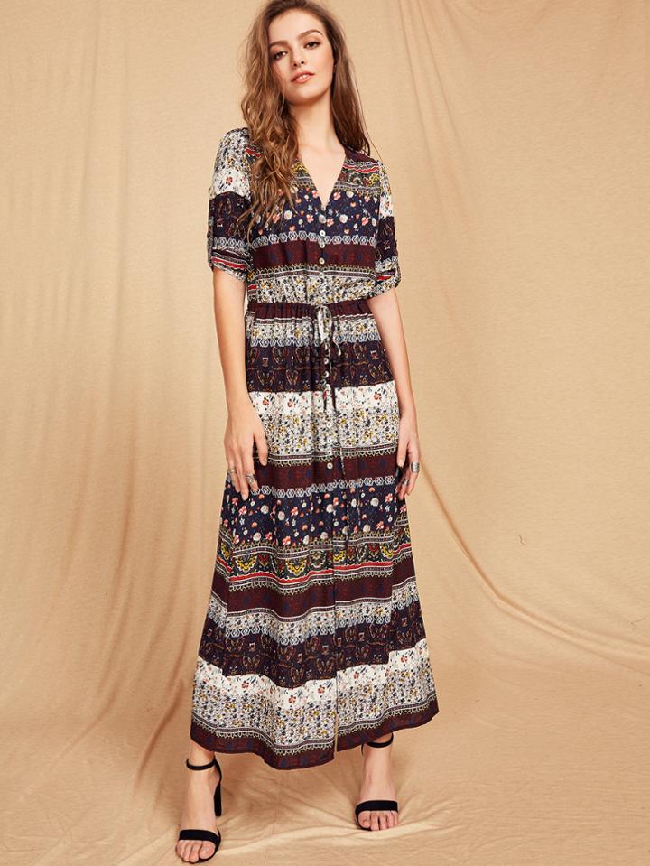 Shein Aztec Print Drawstring Shirt Dress