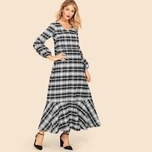 Shein Plaid Ruffle Hem Bishop Sleeve Dress