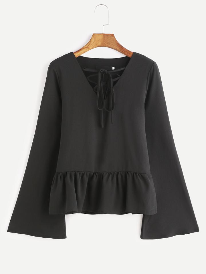 Shein Black V Neck Lace Up Ruffle Hem Blouse
