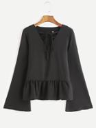 Shein Black V Neck Lace Up Ruffle Hem Blouse