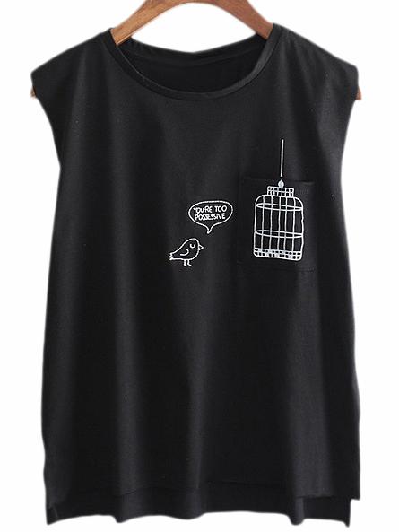 Shein Black Dip Hem Birdcage Print Casual T-shirt