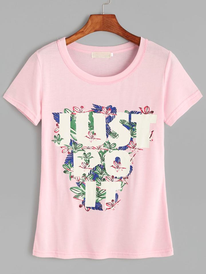 Shein Pink Flower Print Short Sleeve T-shirt