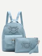 Shein Blue Cartoon Patch Front Pocket Two Piece Backpack