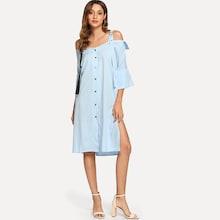 Shein Single Breasted Ring Detail Tape Neck Split Dress