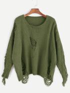 Shein Army Green Drop Shoulder Frayed Sweater