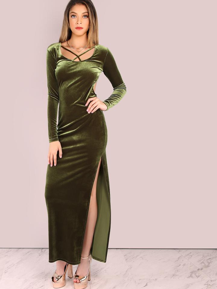 Shein Sleeved Backless Maxi Slit Velvet Dress Olive