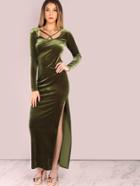 Shein Sleeved Backless Maxi Slit Velvet Dress Olive