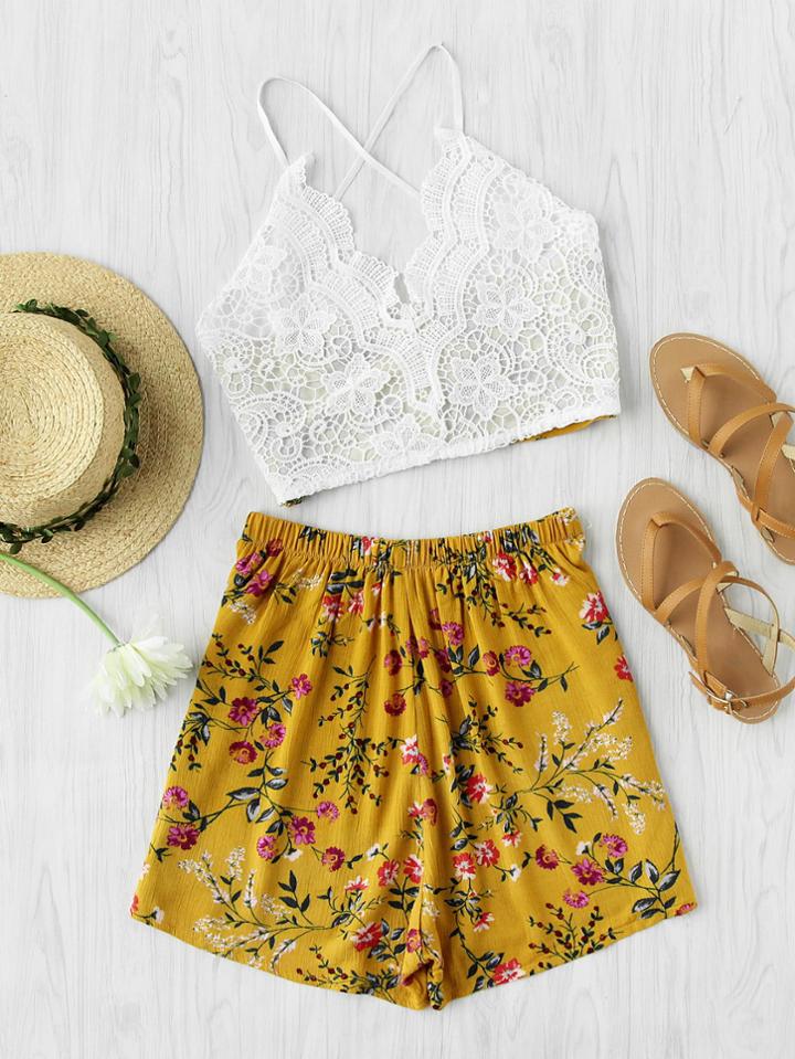 Shein Lace Panel Criss Cross Bow Back Crop Cami Top With Shorts