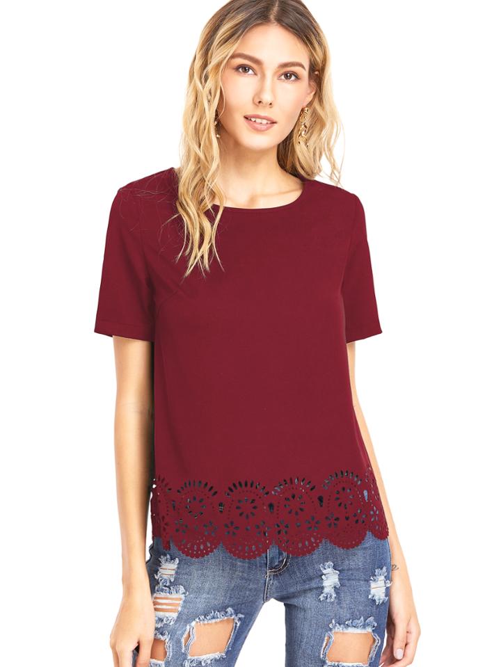 Shein Laser Cut Scallop Hem Short Sleeve Top