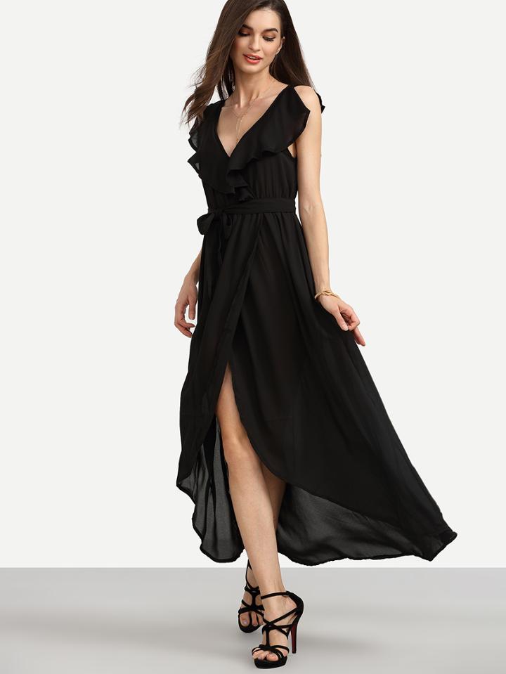 Shein Black Deep V Neck Ruffle Asymmetrical Chiffon Dress