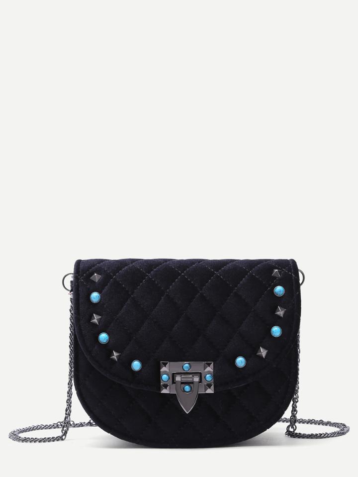 Shein Black Gem Studded Velvet Chain Bag