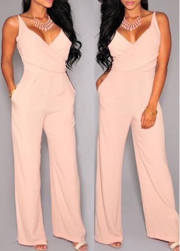 Rosewe Solid Light Pink Spaghetti Strap Straight Jumpsuit