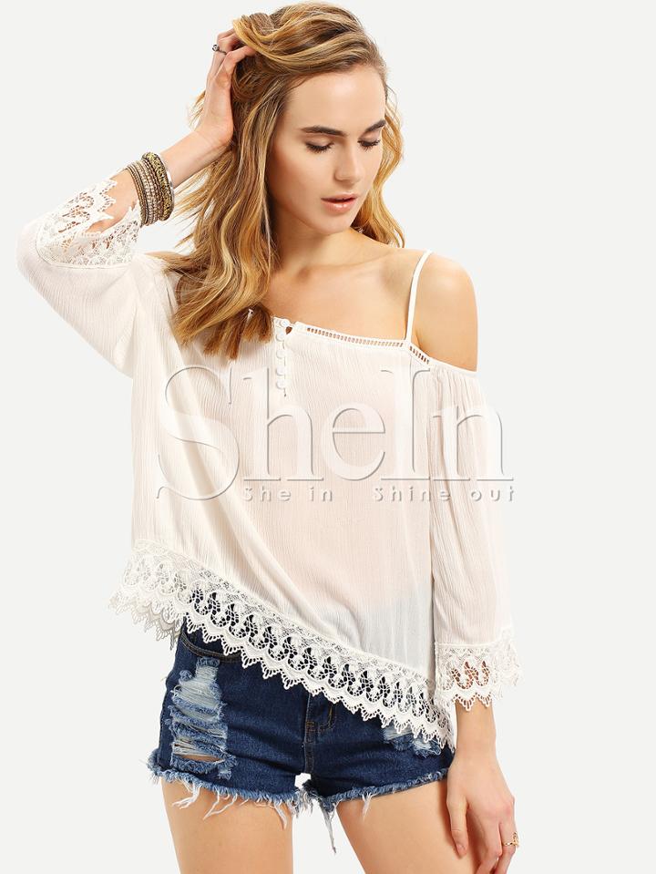 Shein White Spaghettic Strap Crochet Lace Hem Blouse