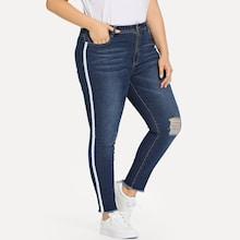 Shein Plus Contrast Side Seam Raw Hem Jeans