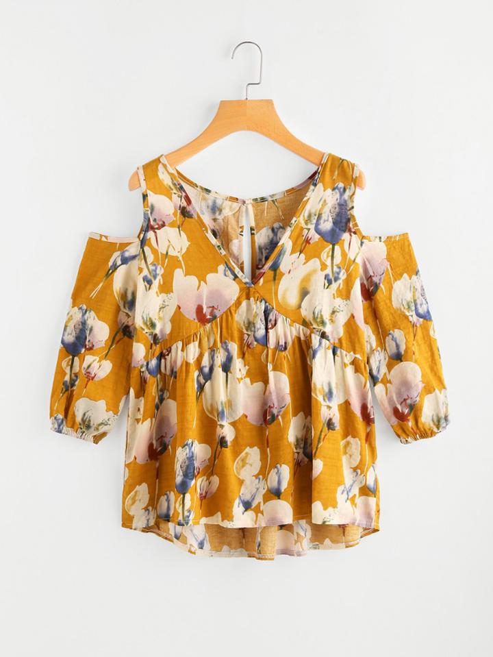 Shein Open Shoulder Keyhole Back Florals Tiered Peasant Blouse