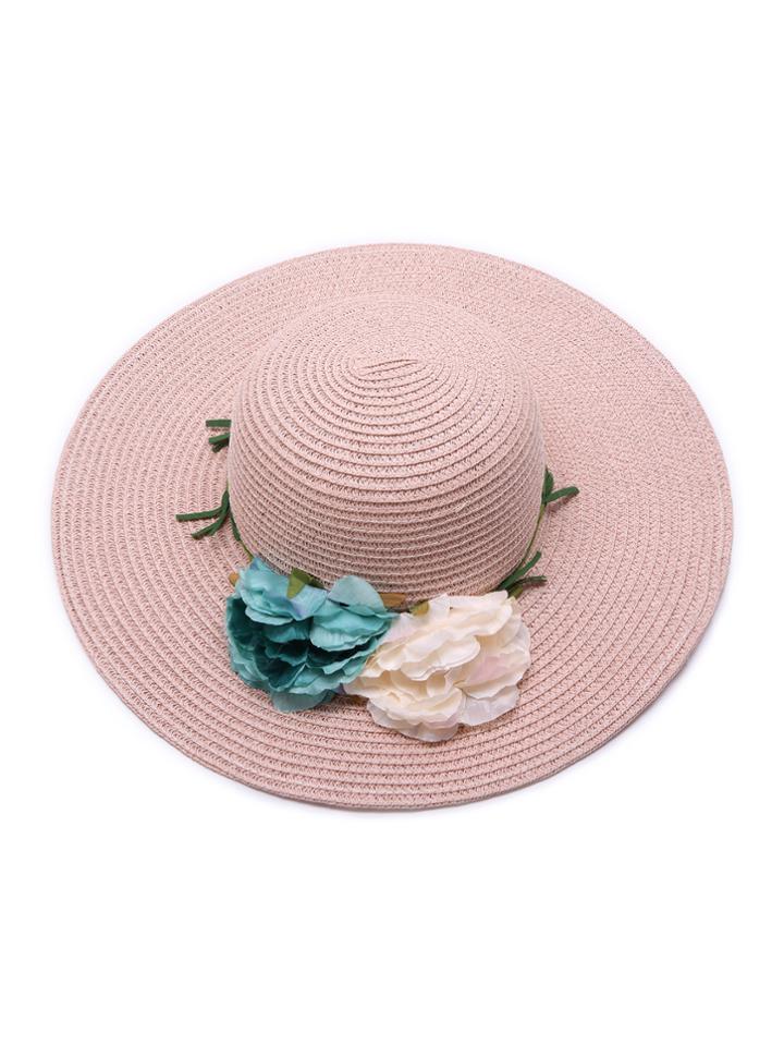 Shein Pink Beach Style Straw Hat With Random Color Flower