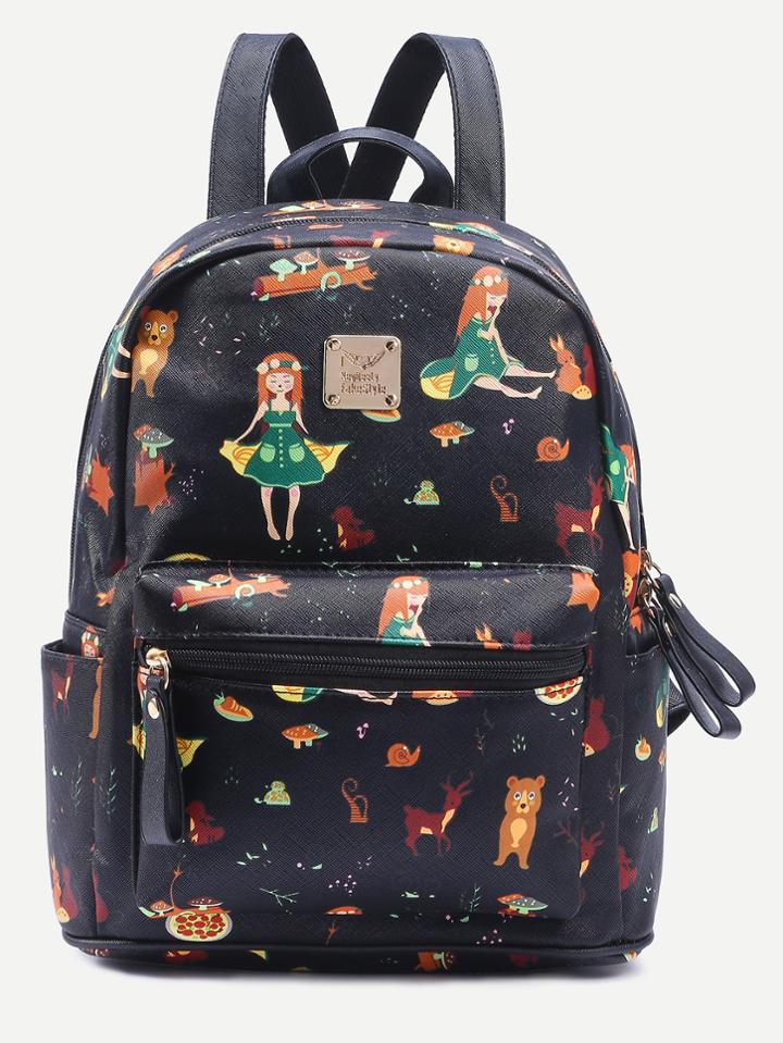 Shein Black Allover Cartoon Print Backpack