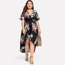 Shein Plus Surplice Neck Floral Dip Hem Dress