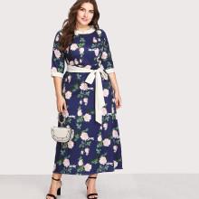 Shein Plus Contrast Trim Floral Print Tie Waist Dress