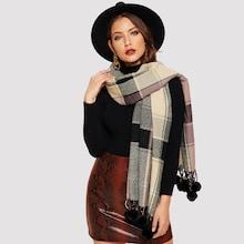 Shein Pom-pom Hem Plaid Scarf